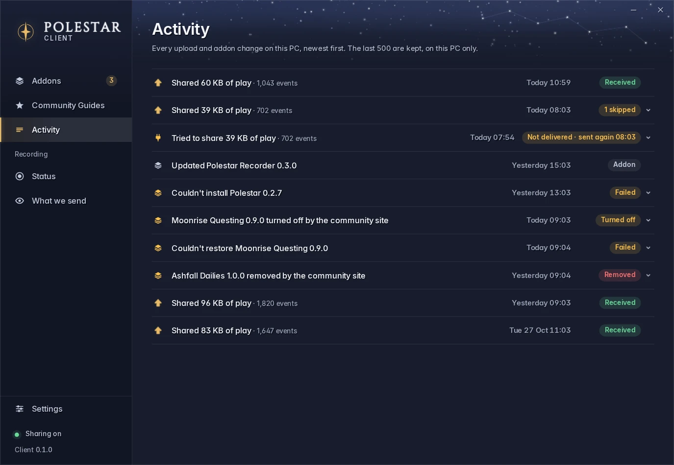 The Activity page: every upload and addon change on this PC, newest first. Shared play, an addon update, an install that failed, and community guides turned off and removed by the community site.