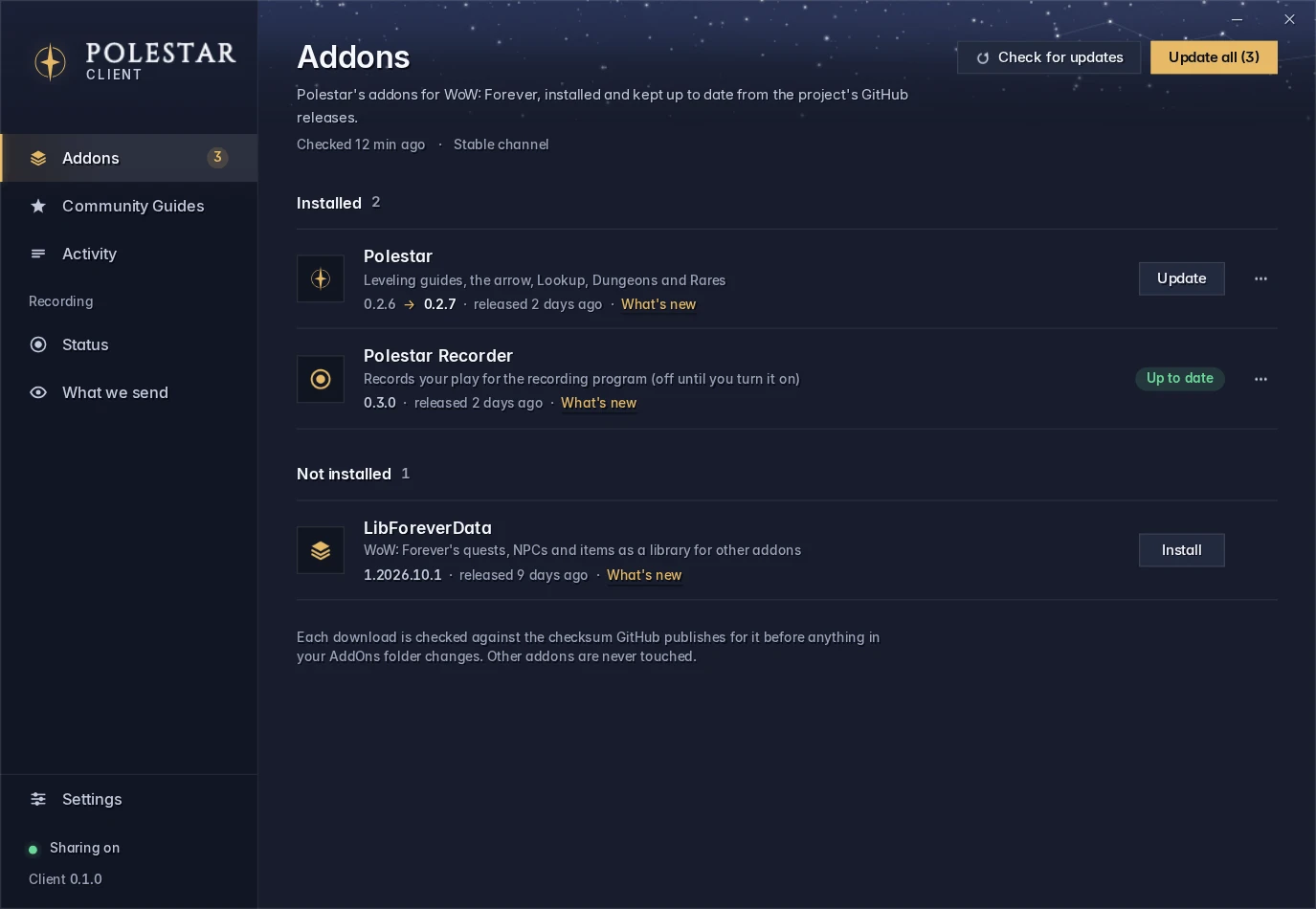 The Addons page: Polestar with an update from 0.2.6 to 0.2.7, Polestar Recorder up to date, and LibForeverData ready to install. Under them: each download is checked against the checksum GitHub publishes for it, and other addons are never touched.