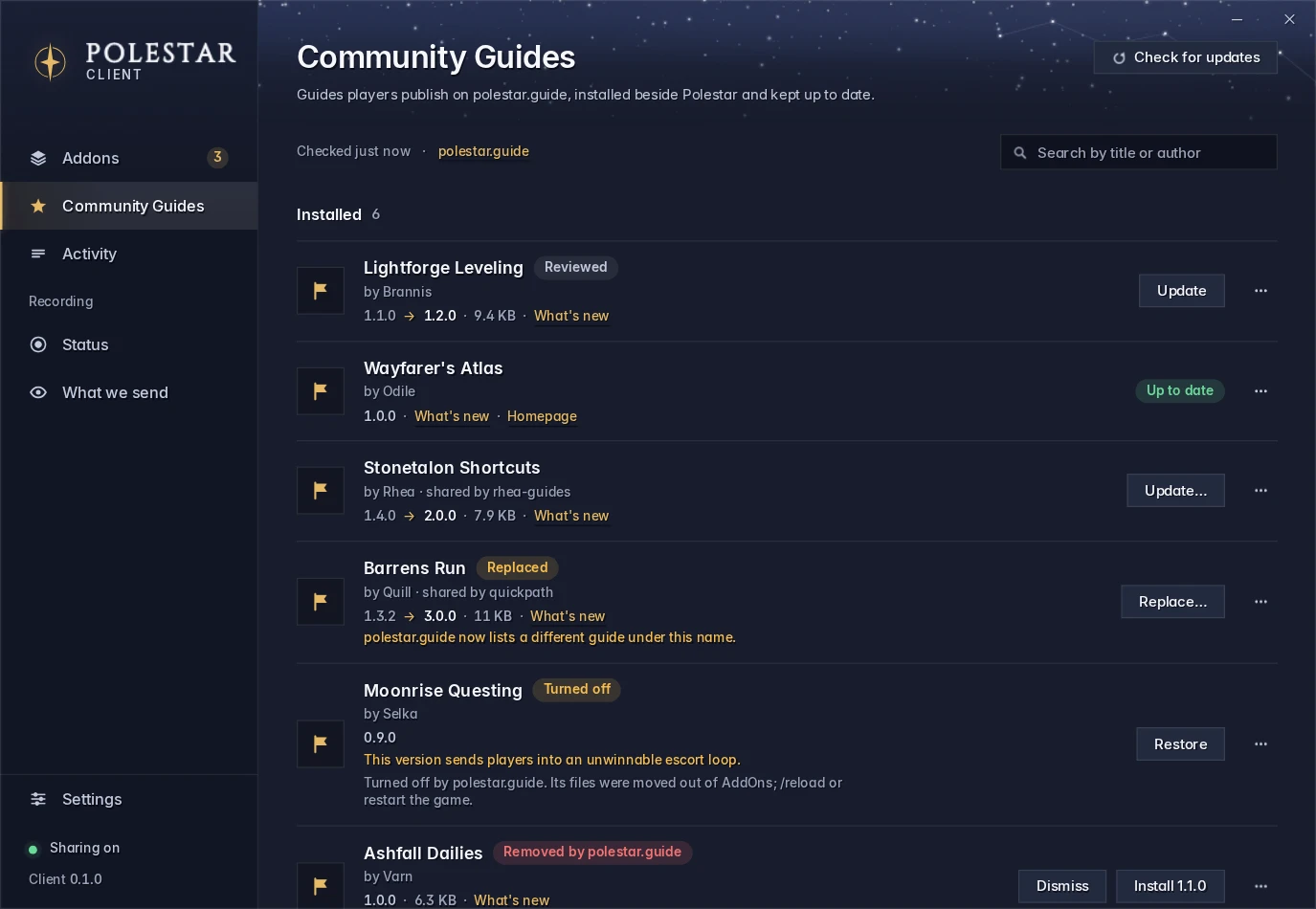 The Community Guides page: six installed community guides, each with its creator, version and an Update, Restore or Replace button. One was turned off by polestar.guide, with the reason; one was replaced by a different guide under the same name; one was removed by polestar.guide.