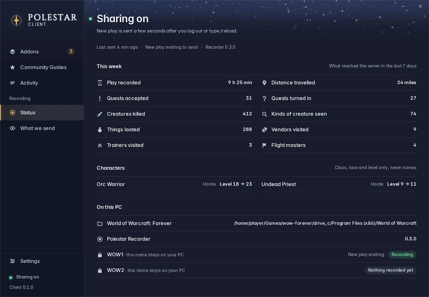 Recording's Status page with sharing on: this week's play (quests accepted and turned in, creatures killed, things looted, trainers and flight masters visited), the characters by class, race and level only, and what is on this PC.